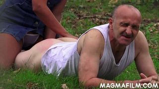 Male perv gets ass fingered by hot brunette babe outdoors